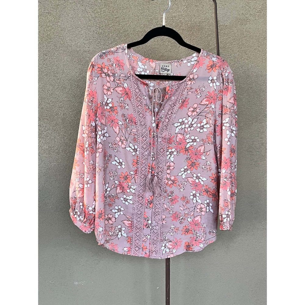 Como Vintage Women Mauve Floral Lace Trim Tassel Button Front Blouse M2U087TSC L